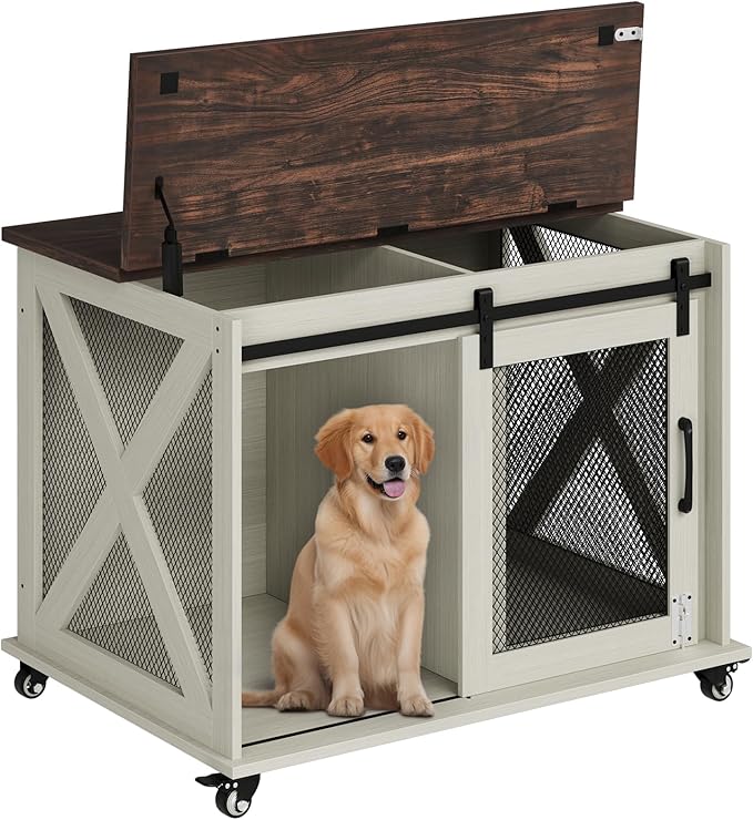 GarveeLife 37" Dog Crate Furniture, Side End Table, Farmhouse Dog Crate with Sliding Barn Door, Flip Top Wooden Dog Kennel with Wheels and Movable Divider, Indoor Dog Cage House for Medium Dogs