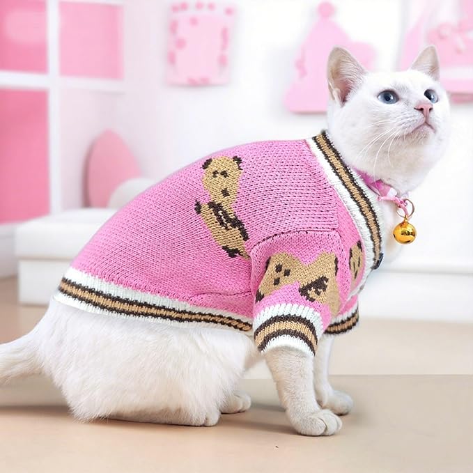 ABRRLO Small Dog Sweaters Cute Bear Dog Cardigans Clothes for Small Medium Dogs Boy Girl Puppy Cat Knitting Cardigan Outfits Dogs Winter Coats Warm Pet Doggy Clothes Soft Knitwear (Pink, Medium)