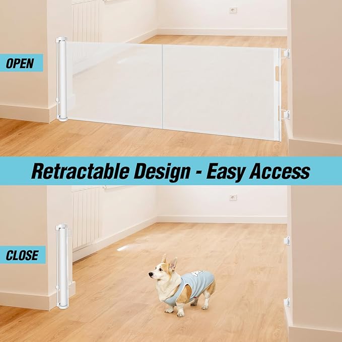 24 Inches Tall Retractable Dog Gate for The House, Short Baby Gates to Step Over, Extends up to 55" Wide, Reinforced Mesh Puppy Gate for Doorways, Step Over Pet Gate for Stairs, Indoor/Outdoor (White)