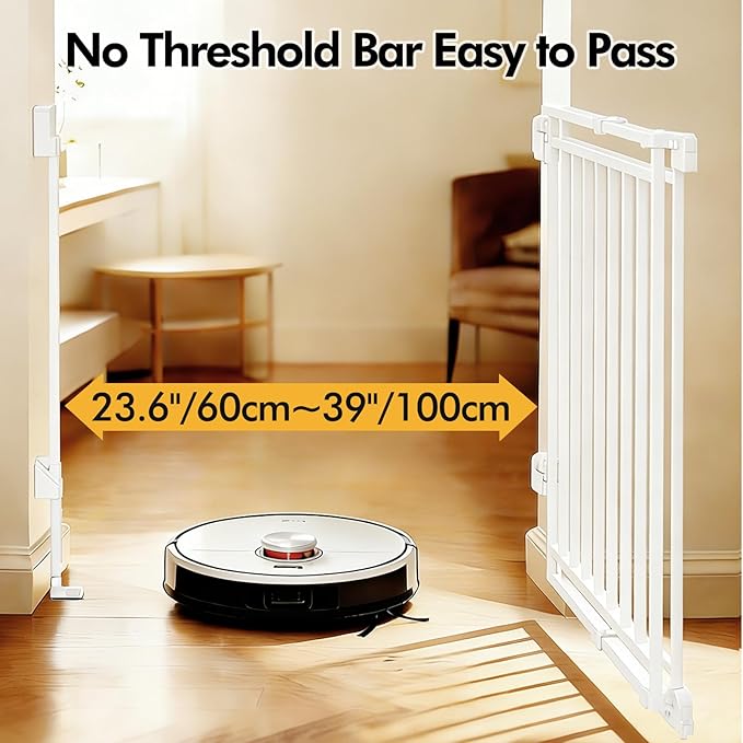 Extra Tall Baby Gate for Stairs Doorways & Kitchen, 26.4"-43" W x 39" H, No Bottom Bar Dog Gate, One-Handed Auto-Close, Hardware Mount Safety Gate for Dogs & Toddlers, White