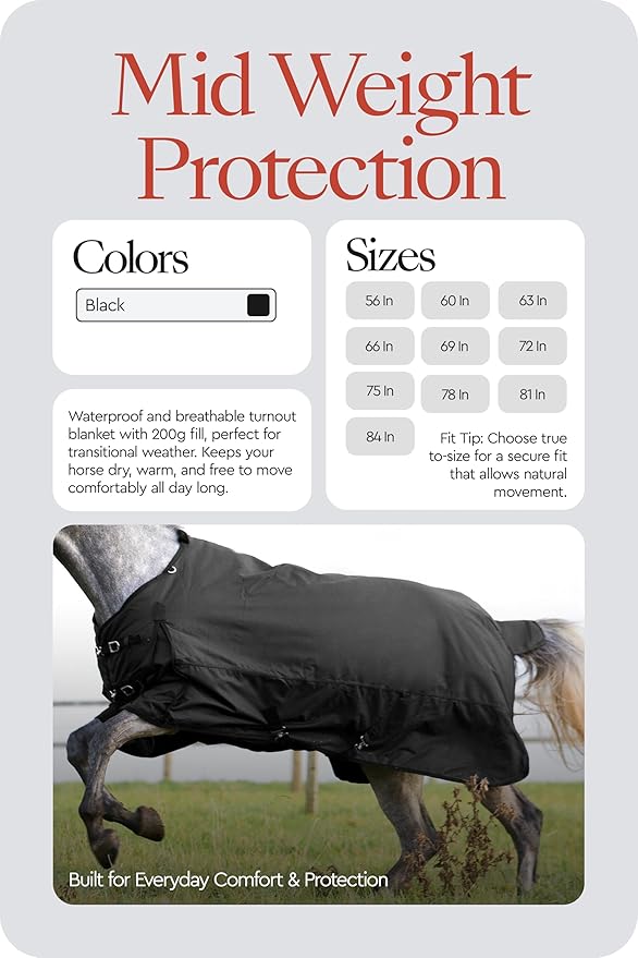 HORZE Nevada Medium Weight 1200D Waterproof Horse Turnout Blanket (200g Fill) - Black - 75 in