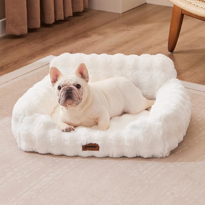 ZOMISIA Small Dog Sofa - Orthopedic Cat Sofa Bed for Indoor Cats, Fluffy Faux Fur Dog Couch with Supportive Egg Foam, Cute Pet Couch Bed Removable Washable Cover and Non-Slip Bottom, Ivory White