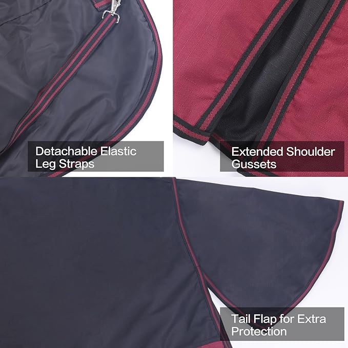1200D Ripstop Waterproof Breathable Horse Blanket (0g No Fill), Lightweight Turnout Rain Sheet, Keeps Dry in Mud & Wet Weather Blackwine 78"