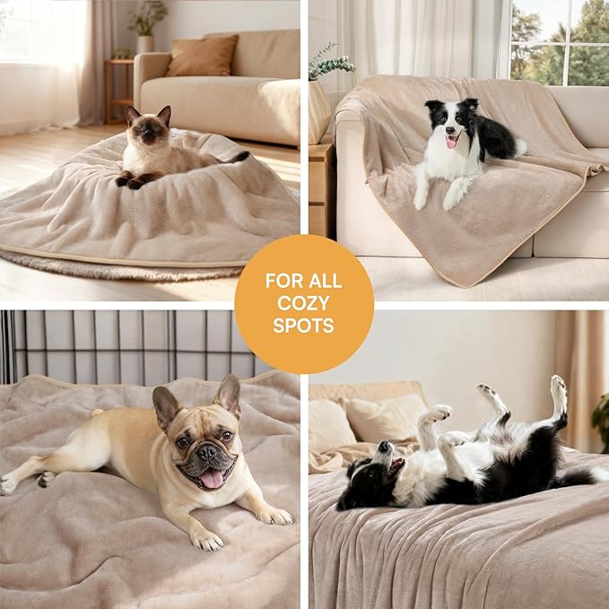 Luciphia Waterproof Pet Blanket, Liquid Pee Proof Dog Blanket for Sofa Bed Couch, Reversible Sherpa Fleece Furniture Protector Cover for Small Medium Large Dogs Cats, Khaki+Beige Medium（57" x 40"）