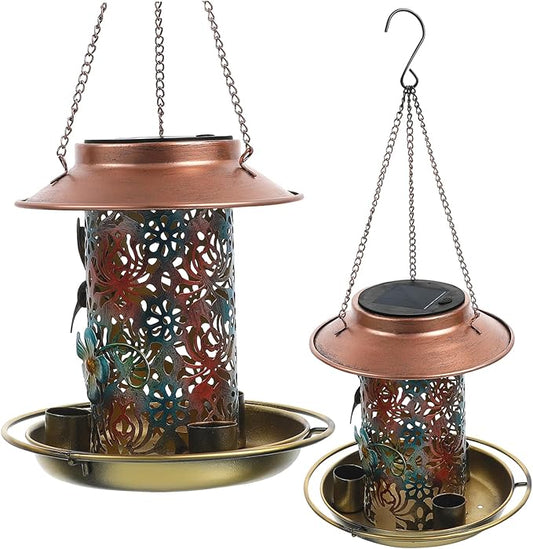 VANZACK Solar Bird Feeder Sturdy Metal Design for Outdoors Unique Hanging Bird Feeder with Elegant Patterns Water Cup for Attracting Garden Birds