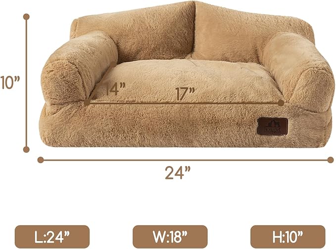 Hollypet Fluffy Dog Cat Bed Pet Couch Beds Plush Soft Warming Washable Puppy Bed for Small Medium Dogs and Large Cats, Light Brown, 24" L x 18" W x 10" Th