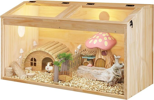 Wooden Hamster Cage, Large Hamster Cage Enclosure with Acrylic Window & Openable Top, 32" Small Animal Habitat for Guinea Pig, Chinchilla, Gerbil (32" L x 16" W x 16" H)