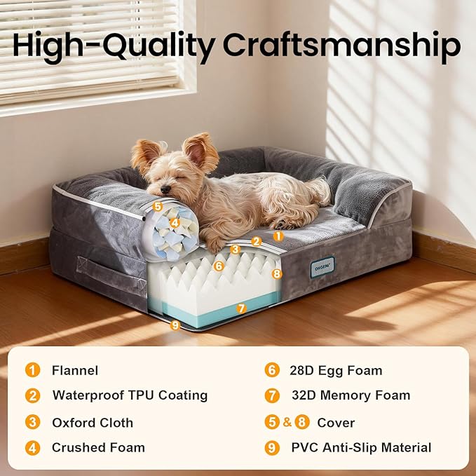 OhGeni Orthopedic Dog Bed Couch Cat Sofa for Small Sized Pets with Memory Foam, Machine-Washable Waterproof Removable Cover, Soft Comfortable Fabric, 22-inch (Gray)