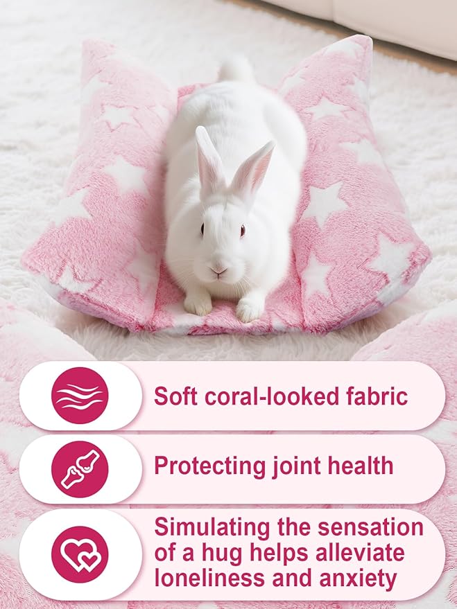 MEWTOGO 15.7" x 14" Bunny Bed for Rabbit Cage - Thickened Soft Prevent Sore Hocks Plush Mat with Cotton Lounger Pillows, Small Animal Flop Mat for Hutch Sleeping Indoor, Pink-Star