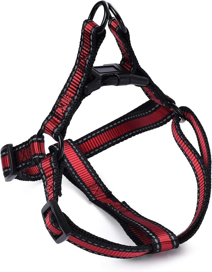 Mile High Life Night Reflective Double Adjustable Band Nylon Small Puppy Pet Dog Combo Collar Leash and Harness Set (Reflective Edge Red, Small (Pack of 3))