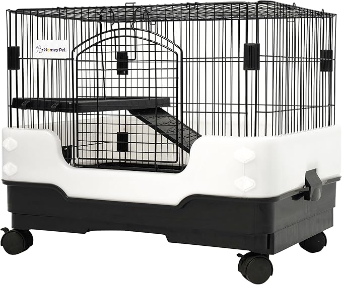 Homey Pet 2-Level Rat Cage, Small Animal Cage for Gerbil, Guinea Pig, Hamster, Chinchilla with Anti-Spray Urine Guard, Paw-Safe Mesh Floor, Removable Tray, 4 Lockable Wheels, Ramp & Platform, Black