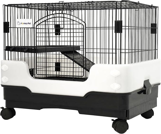 Homey Pet 2-Level Rat Cage, Small Animal Cage for Gerbil, Guinea Pig, Hamster, Chinchilla with Anti-Spray Urine Guard, Paw-Safe Mesh Floor, Removable Tray, 4 Lockable Wheels, Ramp & Platform, Black