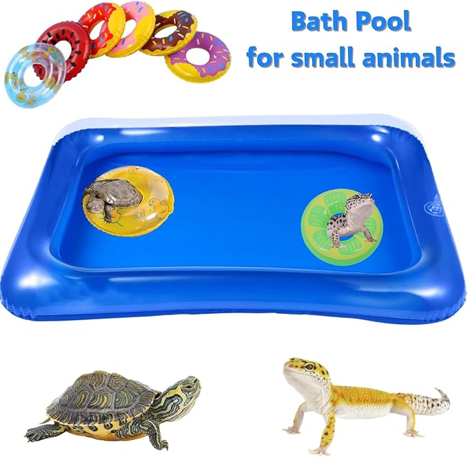 Lizard Bath Pool & Collar Rings Set - Inflatable Reptile Bathing Swimming Pool Bathtub Reptile Swim Float Ring for Leopard Gecko Amphibians Habitat Accessories Grooming Health Supplies (Blue)