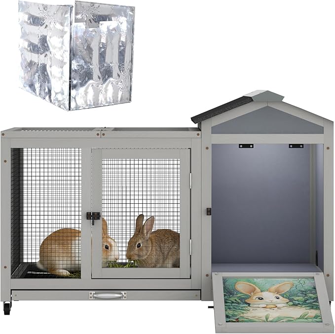 COZIWOW 39IN Heated Rabbit Hutch with Wheels, Insulated Indoor/Outdoor Bunny Cage House with Cleaning Tray, Sun Panel & Animal Pattern, Spacious Rabbit Cage for 1-2 Bunnies, (Warm Grey & Pattern)