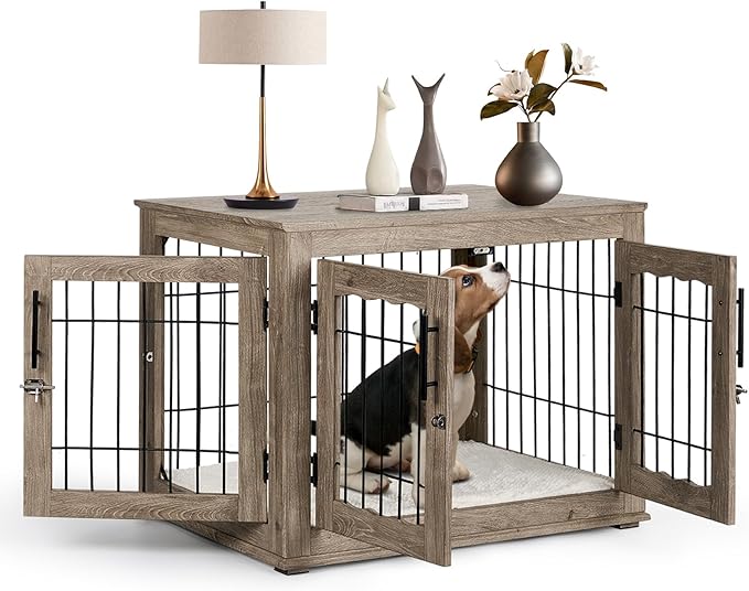 Dog Crate Furniture with Cushion,Dwell Living 32 inch Wooden Kennel Table with Double Doors, Indoor Dog House End Table for Small/Medium Dog, Grey (32x23x26in)