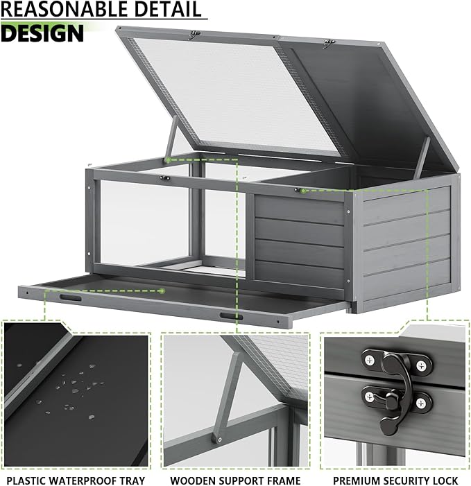 PRETZI Tortoise Habitat with Adjustable Lamp Holder, Turtle Enclosure Indoor/Outdoor, Wooden House for Small Animals, Large Reptile Terrarium Table with Detachable Legs (New Gray)
