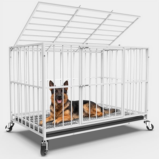 48 in White Heavy Duty Dog Crate Steel Escape Proof, Indoor Double Doors and Lockable Wheels,Removable Tray, for Dog Breeds,XL,XXL