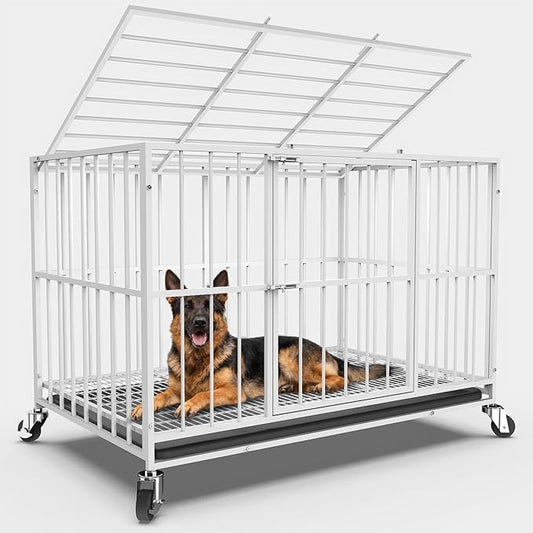 48 in White Heavy Duty Dog Crate Steel Escape Proof, Indoor Double Doors and Lockable Wheels,Removable Tray, for Dog Breeds,XL,XXL