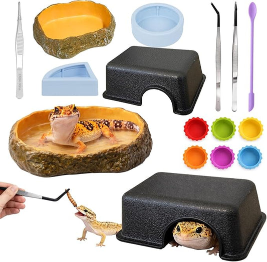 14Pcs Leopard Gecko Tank Accessories Set, Reptile Care Kit with Feeding Tweezers, Silicone Spoon, Hideout, Water Dish & Food Bowls for Leopard Gecko Terrarium