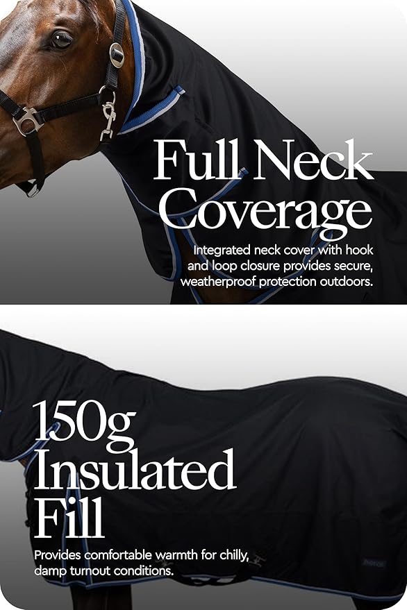 HORZE Glasgow Medium Weight Waterproof Combo Turnout Winter Horse Blanket with Neck Cover (150g Fill) - Dark Blue - 75 in
