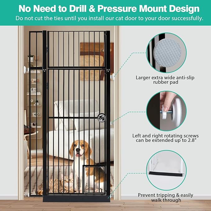 71" Extra Tall Pet Gate with Cat Door, Fits for 28.7"&37.5" Extra Wide Pressure Mounted Pet Barrier Auto-Close Safety Cat Gate with Walk Through Door Latch,Black, No Drill