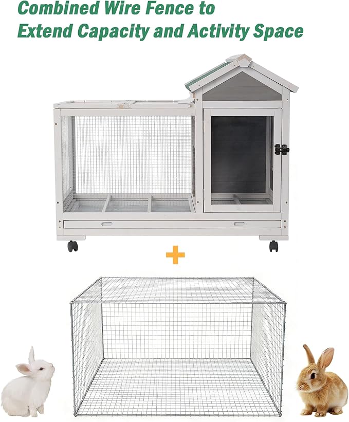 Outdoor Wooden Rabbit Cage:Rabbit Hutch Indoor, Bunny Hutch with Leak-Proof Pull Out Tray&Hideout, Small Animal Cage for Rabbits, Large Guinea Pigs, Portable Habitat with Lockable Wheels