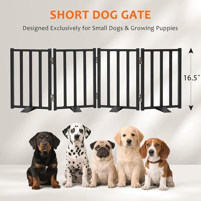 Snagle Paw Short Dog Gate,16.5" Tall Freestanding Metal Dog Gate Only for Small Dogs with Support Feet Easily Step Over,Up to 48" Wide Puppy Gate Indoor for Stairs,Doorways(Black,4 Panel)