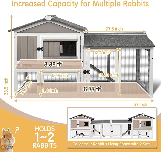 Gowoodhut Rabbit Hutch Indoor Outdoor 57 "L Bunny Hutch with Pull Out Tray,2 Story Wooden Rabbit Cage with Asphalt Roof,Guinea Pig Cage with Ventilation Doors,Ramp for Small Animals(Grey)