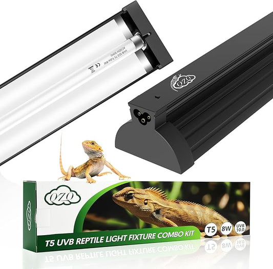 QZQ T5 UVB Reptile Light Fixture Combo Kit 8W, 10.0 UVB Light for Reptiles, Terrarium Hood Comes with Desert UVB Lamp for Bearded Dragon, Gecko, Tortoise, Lizard
