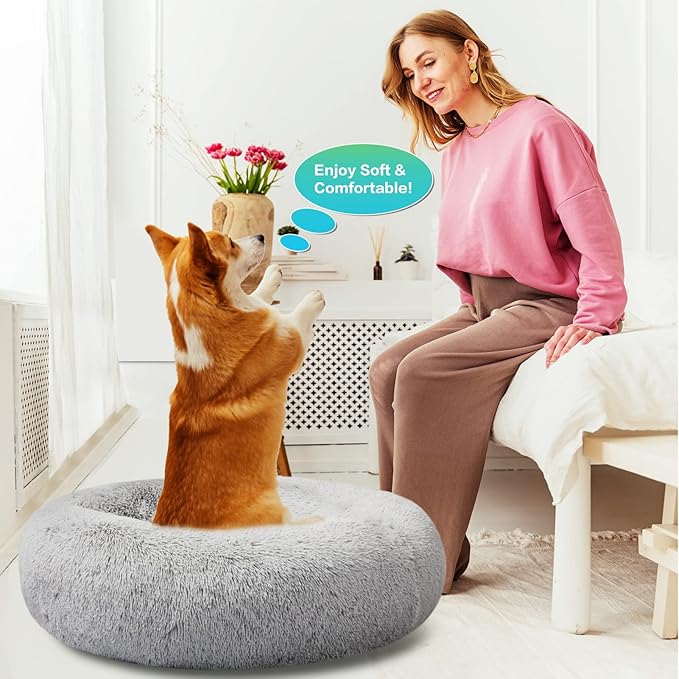 SAVFOX 45 inches Calming Donut Dog Bed - 3X Durable Plush Faux Fur, Machine Washable & Non-Slip, Fits up to 150 lbs, Light Grey
