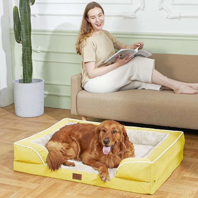 Comfort Expression Orthopedic Dog Bed for Extra Large Dogs 42x30 Inch, Waterproof Egg Crate Foam XL Pet Bed with Removable Bolsters, Dog Couch with Washable Cover & Non-Slip Bottom, Spicy Mustard