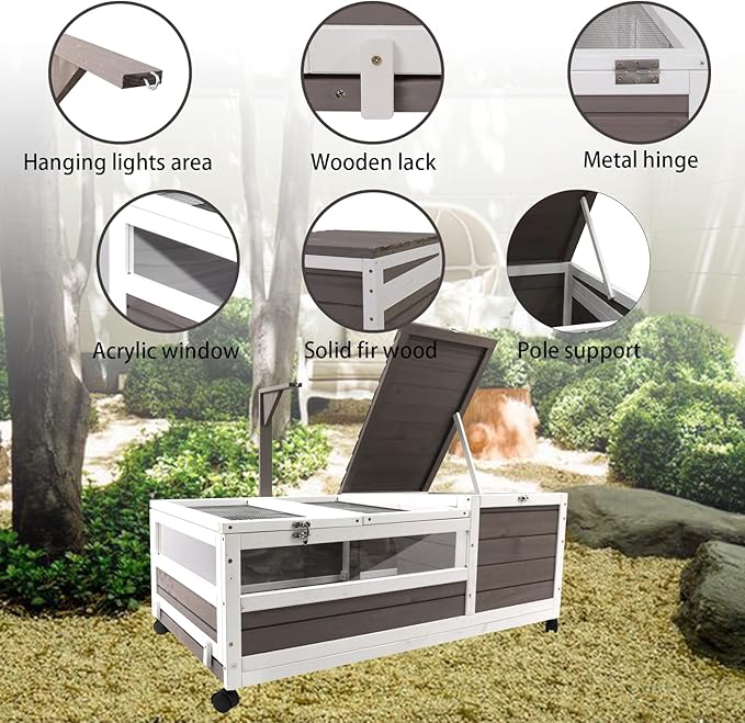 Gowoodhut Tortoise Habitat,Large Wooden Tortoise House on Wheels,Turtle Enclosure Reptile Cage for Small Animals Indoor Outdoor with Pull Out Waterproof and Leakproof Tray Double Habitats 78" Wide