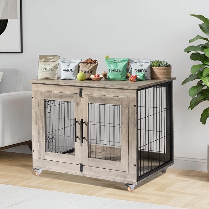 VINGLI Dog Crate Furniture, 32'' Wooden Dog Kennel with Wheels, Double Doors Indoor Dog Cage End Table, Grey (Medium-32 inch)