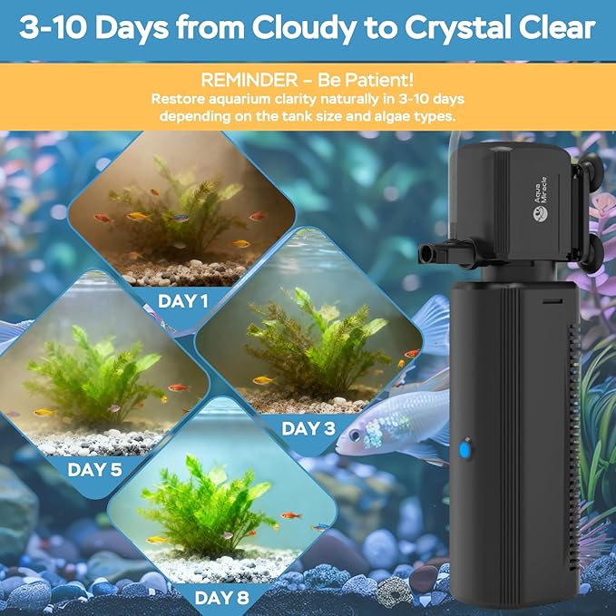 AquaMiracle Fish Tank Filter with Timer & Filter Sponge, 300GPH U - V Aquarium Filter with Aeration & Rainfall Modes, Effective Turtle Filter for Green Water Control (60-150 Gal Tank)
