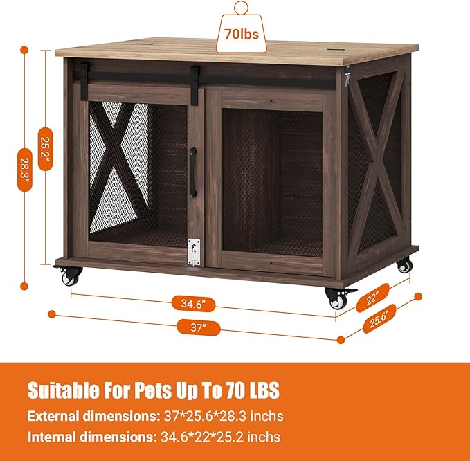 GarveeLife 37" Dog Crate Furniture, Side End Table, Farmhouse Dog Crate with Sliding Barn Door, Flip Top Wooden Dog Kennel with Wheels and Movable Divider, Indoor Dog Cage House for Medium Dogs