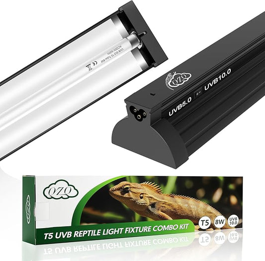QZQ T5 UVB Reptile Light Fixture Combo Kit 8W, UVB Light for Reptiles with Switchable 5.0 & 10.0 UVB Output, Terrarium Hood Lamp for Bearded Dragon, Snake, Gecko, Tortoise, Lizard