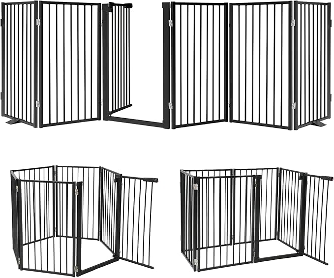 Snagle Paw Full Metal Freestanding Dog Gate with Door, 120” W x 32” H Pet Gate with Support Feet for Doorways, Stairs and Hallways, Portable Dog Fence for Indoor Use (32" 6 Panel, Black)