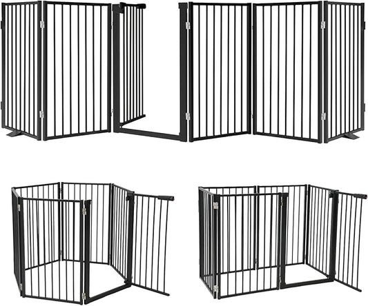 Snagle Paw Full Metal Freestanding Dog Gate with Door, 120” W x 32” H Pet Gate with Support Feet for Doorways, Stairs and Hallways, Portable Dog Fence for Indoor Use (32" 6 Panel, Black)