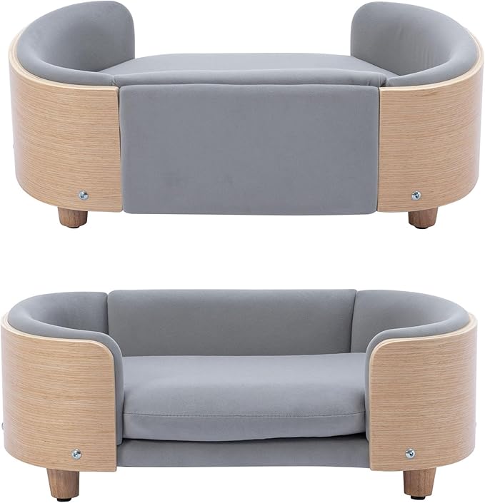 Elevated Dog Bed Pet Sofa with Solid Wood Legs and Bent Soft Backrest, Pet Cat Stool Bed with Velvet Cushion,for Small and Medium Size Dogs Kitten, Light Gray, Small Size