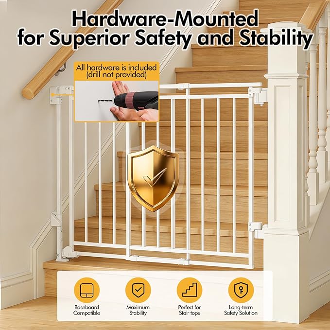 Baby Gate for Stairs & Doorways - Fits Openings 26 to 43 Inches Wide (Must Drill to Install) | 29" Extra Tall with No Bottom Bar | One-Handed Auto-Close Walk-Thru Gate for Kids & Pets, White