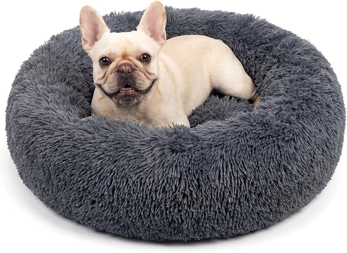Calming Donut Dogs Beds for Medium Dogs up to 45 lb,30inch Anti-Slip Plush Round Dog Bed with Raised Rim,Fluffy Faux Fur Pet Bed for Cozy Sleep,Dark Grey