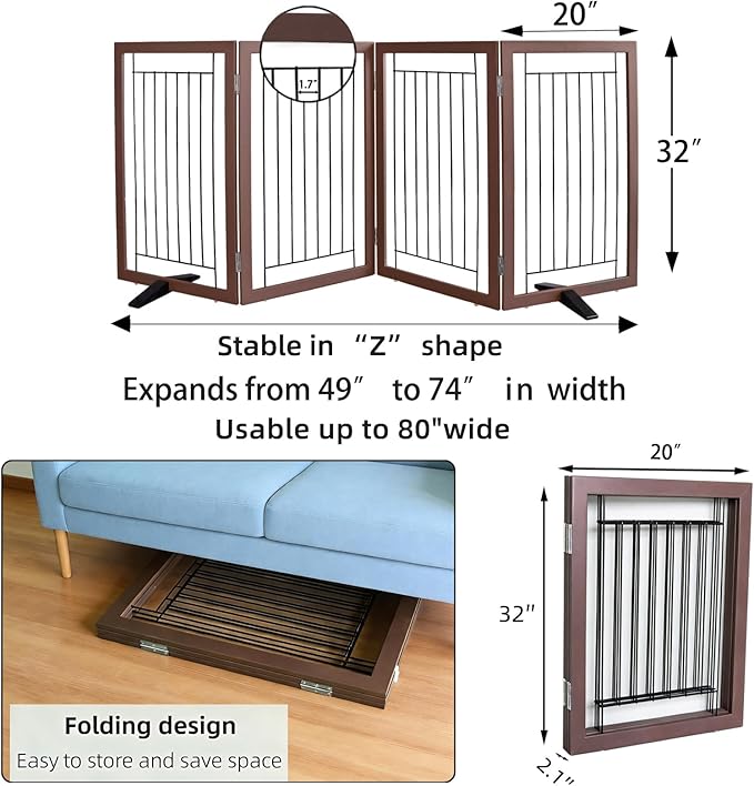 ZJSF Freestanding Dog Gate Indoor, Foldable Dog Fence for Doorways,Hallways or Stairs, Sturdy Wood Extra Wide Pet Gate with Support Feet,Brown,32 "Height-4 Panels