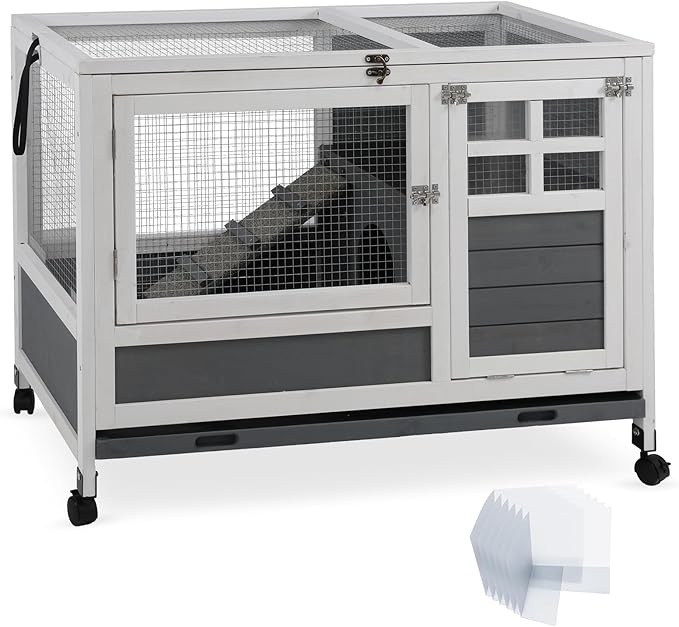 Rabbit Hutch Indoor Rabbit Cage with Chew-Proof Ramp & Leak-Proof Trays Urine Guards/Netting Floor,Doors.37 Wooden Rabbit Cage with Wheels for Rabbits, Guinea Pigs Small Animal