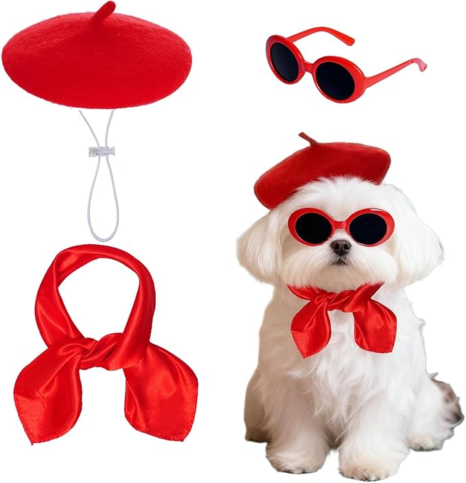 Dog Beret Set Including Dog Beret Satin Scarf Funny Glasses Pet French Artist Beanie for Small Dogs Cats Halloween Christmas Cosplay Party