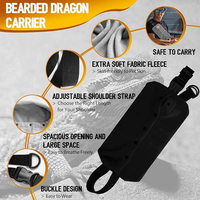 WATFOON Adjustable Lizard Leather Leash Harness and Bearded Dragon Carrier Sling, Reptile Small Pet Training Leashes and Beardie Snuggle Sling Bag for Outdoor Travel (L Black)