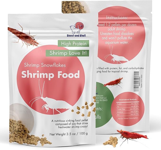 Snout and Shell Snowflakes Shrimp Food - High Protein Sinking Soy Pellets for Tropical Freshwater, Caridina, Neocardinia Shrimp & More | 3.5oz/100mg