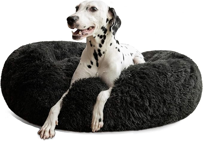 HACHIKITTY Calming Donut Cuddler Dog Bed, Round Fluffy Pet Bed for Large Dogs,Washable, Large, Black, 30''