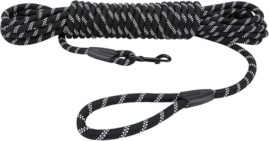 Long Dog Leash for Training 50Ft-Reflective Nylon Rope with Swivel Hook-Recall Agility Lead for Large Small Medium Dogs Outside Walking Hiking-Black Diam 1/2"