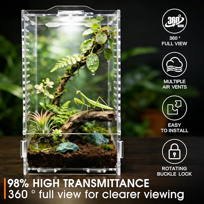 Jumping Spider Enclosure, Insect Terrarium, Bug Cage, Acrylic Terrarium for Tarantula, Snail, Praying Mantis, Frog, and Small Reptiles (4.7" x 4.3" x 7.8")