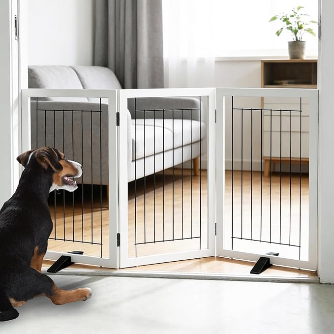 ZJSF Freestanding Dog Gate Indoor, Foldable Dog Fence for Doorways,Hallways or Stairs, Sturdy Wood Extra Wide Pet Gate with Support Feet,White,32 "Height-3 Panels
